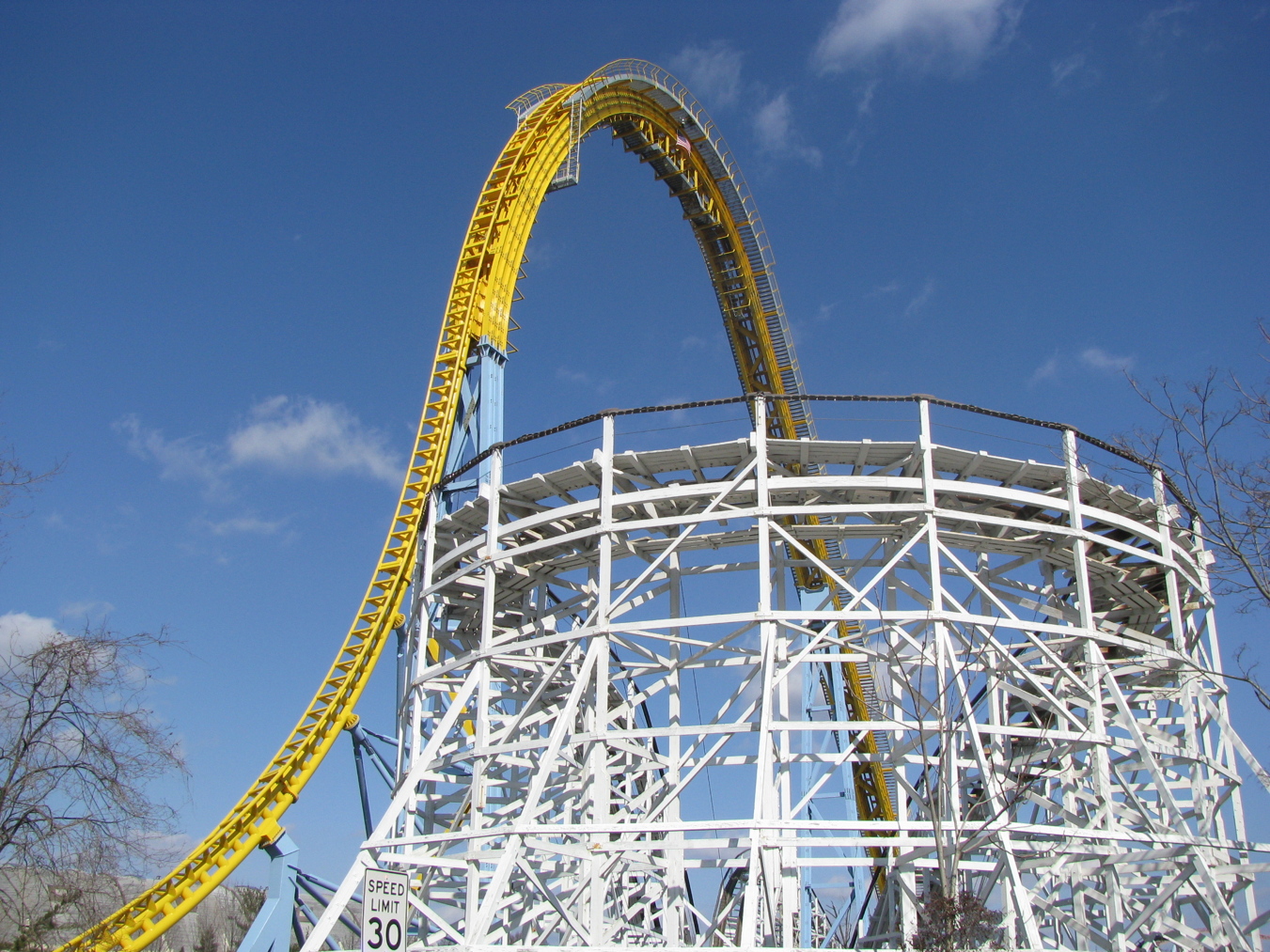 Cool shot of Skyrush's first drop over The Comet Roller coaster
