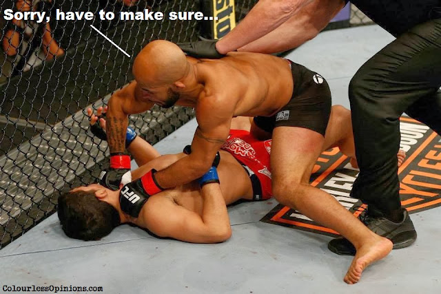 Original photo from fb.com/UFC UFC on Fox 9 - Demitrious Johnson the Mighty Mouse KO Benavides and ground and pound meme