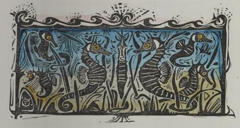 seahorse pattern woodcut vignette design of seahorses