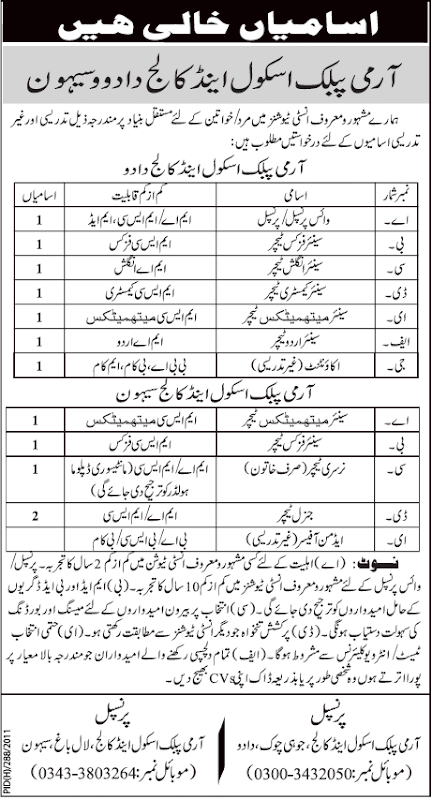 Army Public School and College Sehwan Sharif Jobs