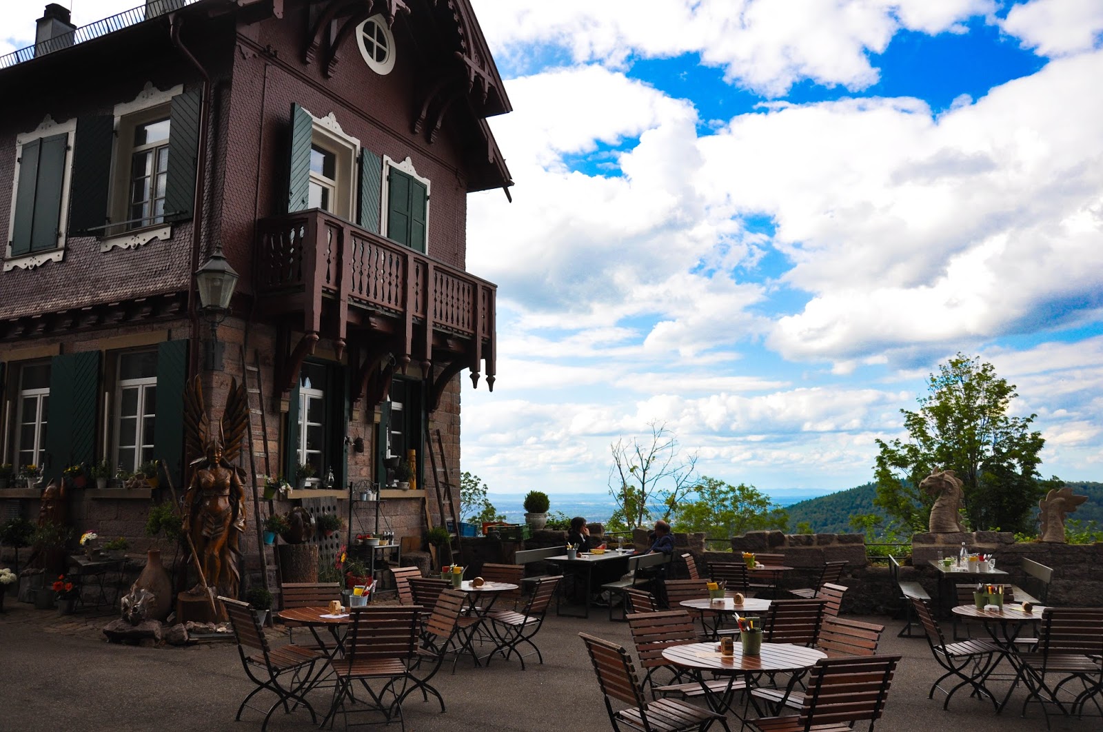 The outside seating area of the restaurant in the Yburg Castle, Yburg, Germany