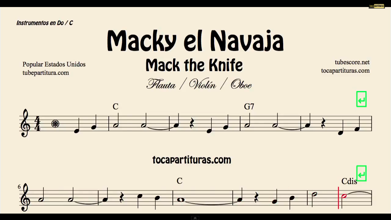 Mackie el Navaja de Kurt Weill Partitura de Flauta, Violín, Saxofón Alto, Trompeta, Viola, Oboe, Clarinete, Saxo Tenor, Soprano Sax, Trombón, Fliscorno, chelo, Fagot, Barítono, Bombardino, Trompa o corno, Tuba... Popular Mack the Knife Mackie el Navaja de Kurt Weill Partitura de Flauta, Violín, Saxofón Alto, Trompeta, Viola, Oboe, Clarinete, Saxo Tenor, Soprano Sax, Trombón, Fliscorno, chelo, Fagot, Barítono, Bombardino, Trompa o corno, Tuba... Popular Mack the Knife