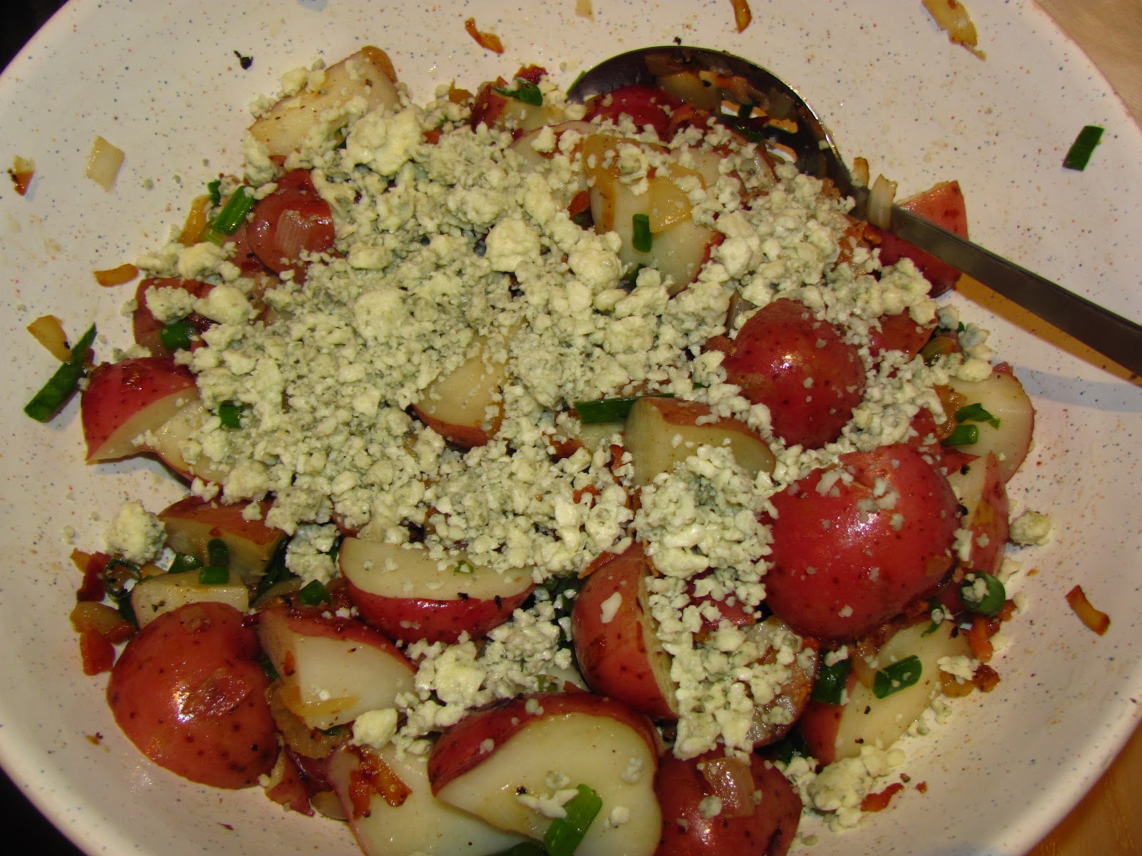 For the Love of Food Warm Potato Onion Salad with Bacon and Blue Cheese