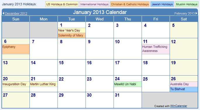 January 2013 Calendar Holiday