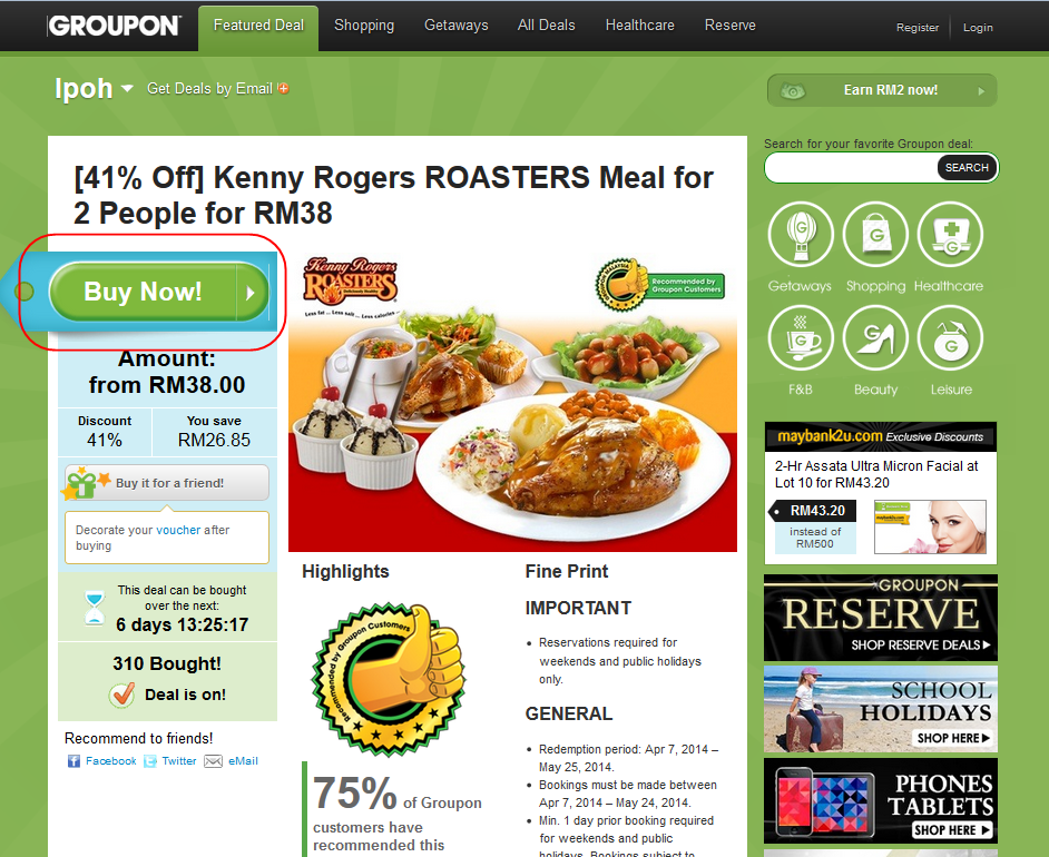 voucher groupon, groupon, caara nak beli pakej groupon, voucher murah groupon, makan kenny rogers roaster guna groupon,