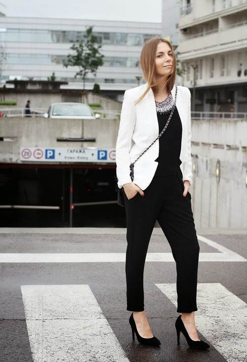 white blazer black jumpsuit