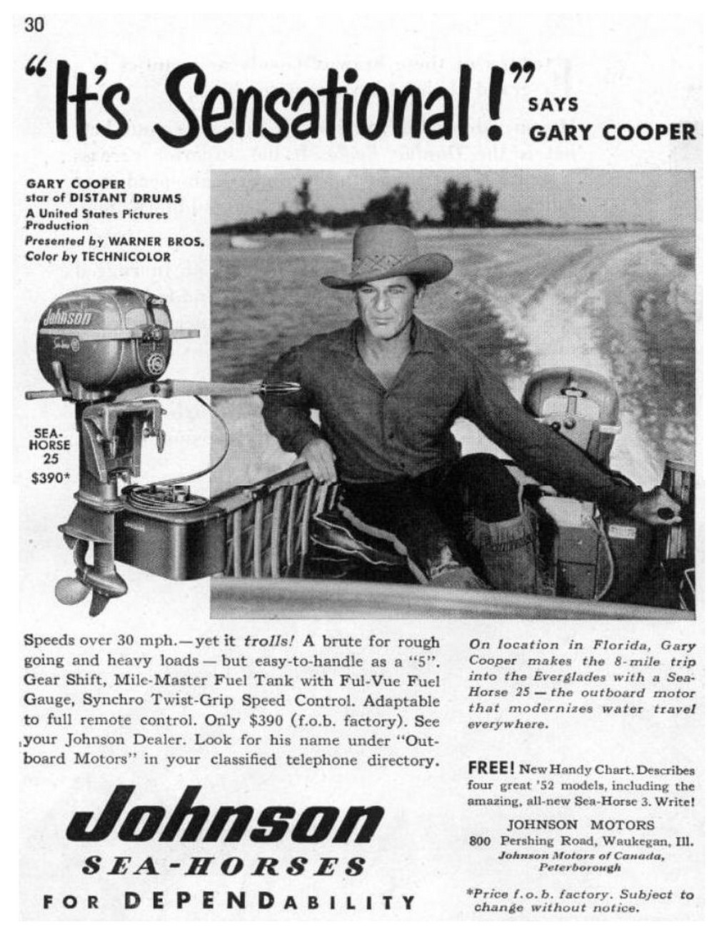 Publicité pour un moteur de bateaux, par Gary Cooper (1952) Boys+life+pub+cooper+52