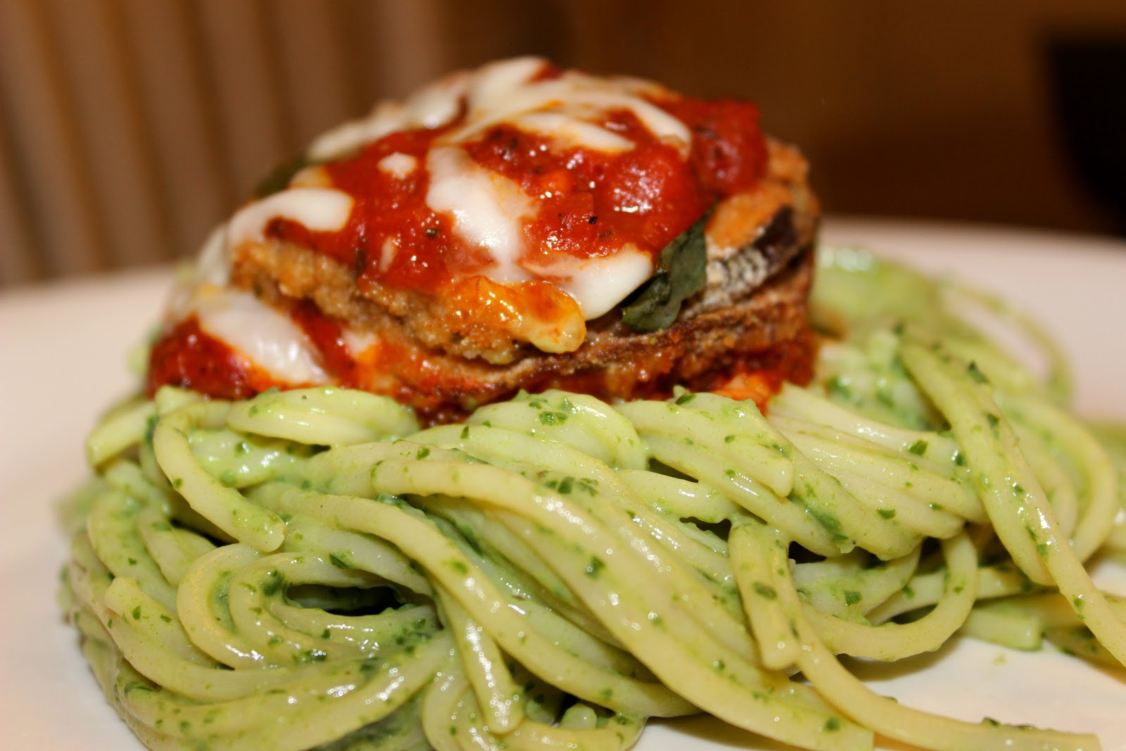 sugar & spice Baked Eggplant Parmesan with Pesto Spaghetti