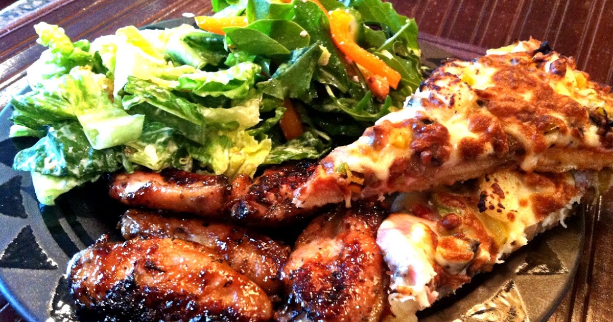 Simply Delicious Food pizza wings and salad