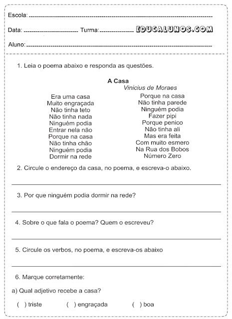 Leia o poema e responda as questões de interpretação de texto