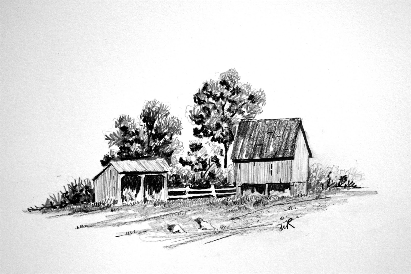 Small shed and Barn...pencil (graphite and carbon)...8x10"