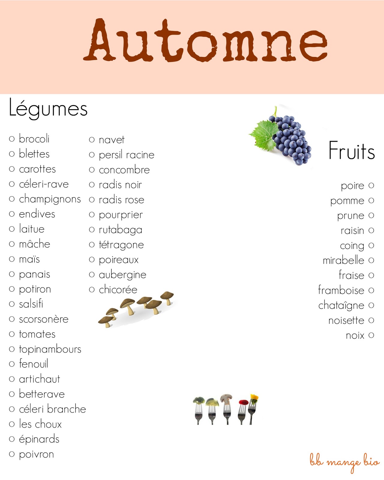Les fruits les légumes de saison BB mange bio présente la liste des fruits et légumes d'automne cultivés en France métropolitaine