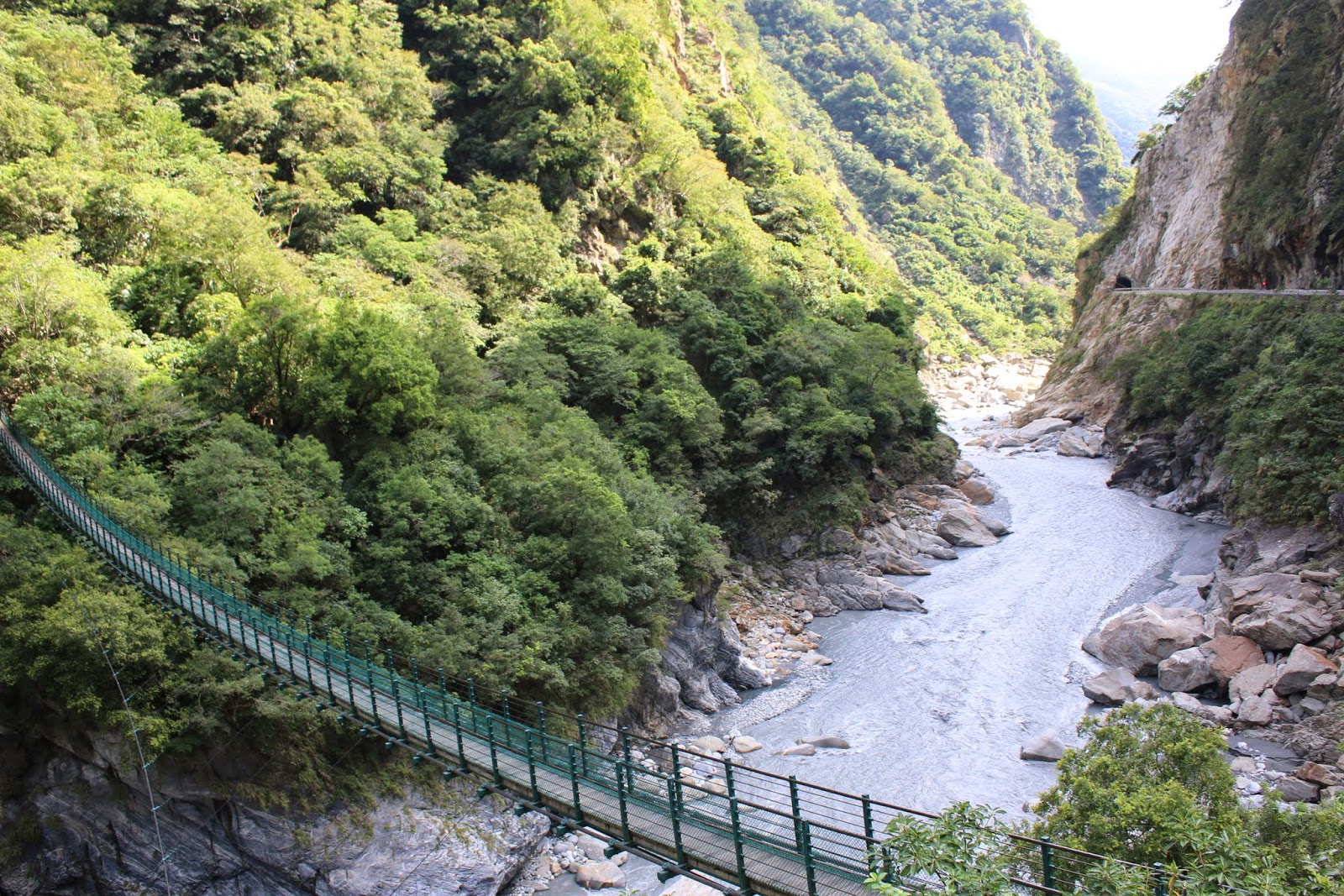 Another close shot of Liwu River with the suspension bridge at Swallow Grotto at Taroko Gorge National Park in Hualien, Taiwan before leaving the trail Another close shot of Liwu River with the suspension bridge at Swallow Grotto at Taroko Gorge National Park in Hualien, Taiwan before leaving the trail