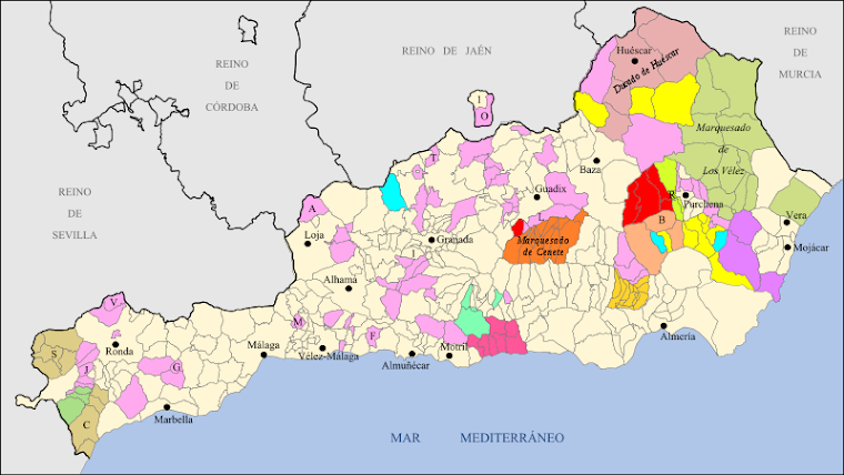 Mapa del Reino de Granada en 1750. Fuente: Wikipedia