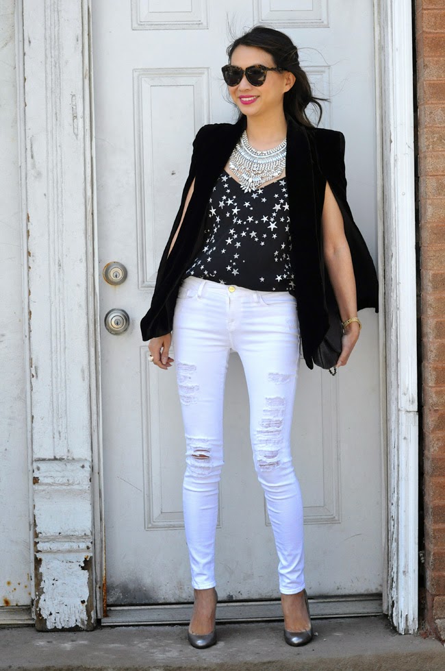 Red Soles and Red Wine - cape, star tank and ripped denim