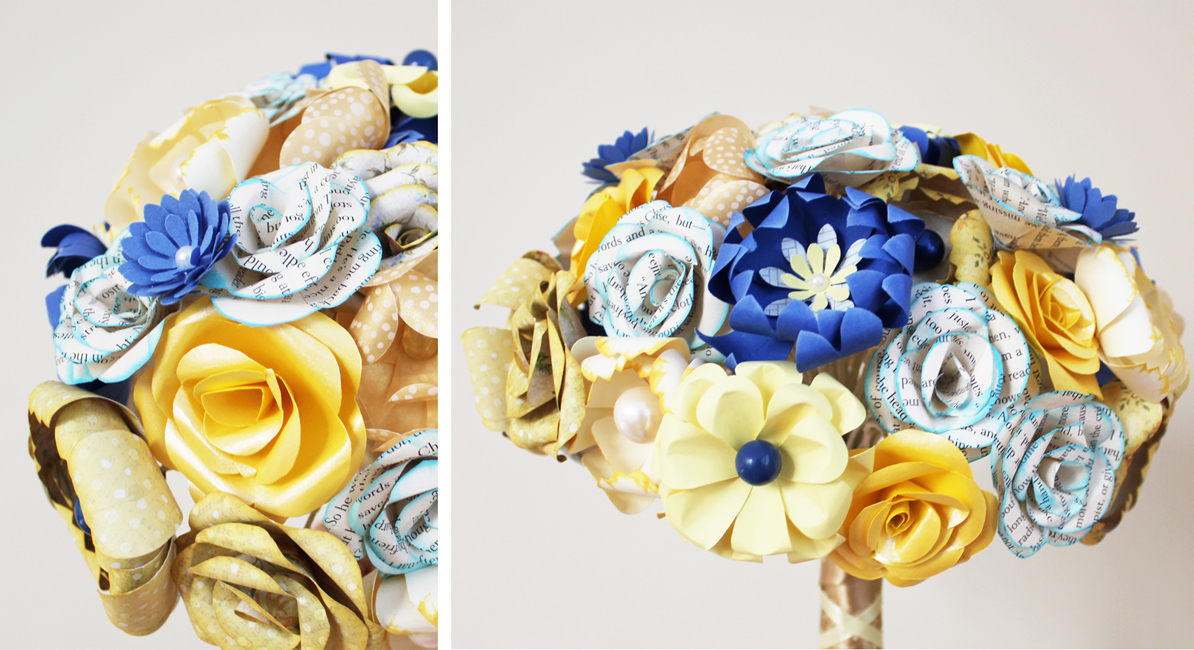 Wedding Bouquets in YELLOW COBALT BLUE and BOOK PAPER Wedding Bouquets in YELLOW COBALT BLUE and BOOK PAPER