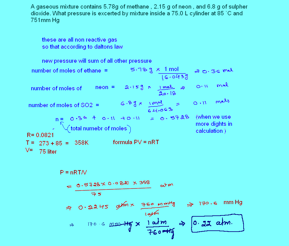 Free Online Help A gaseous mixture contains 5.78g of methane , 2.15 g