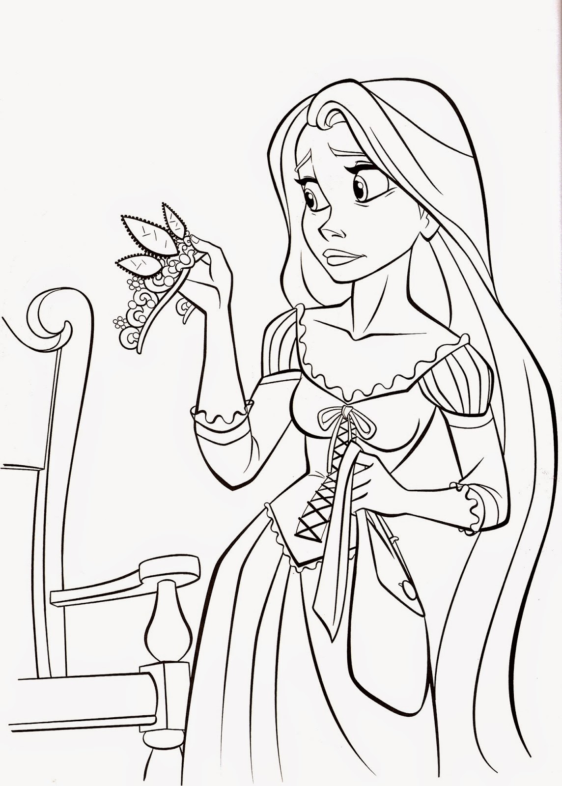 Beautiful princess holding a crown.Free printable coloring