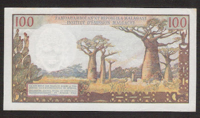 Madagascar currency 100 Francs banknote