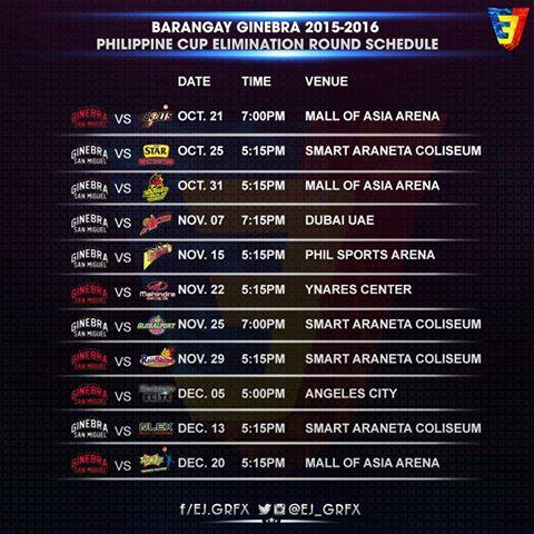 Complete Schedule of Barangay Ginebra for PBA Philippine Cup 2015- 2016