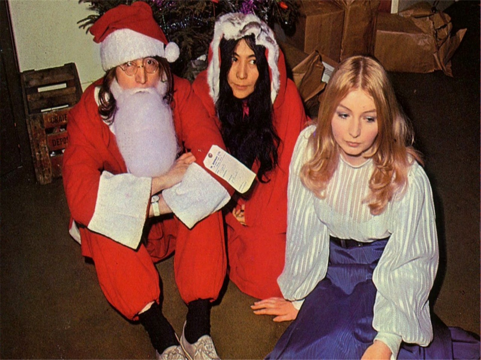 John Lennon, Yoko Ono and Mary Hopkins at the 1968 Apple Xmas party