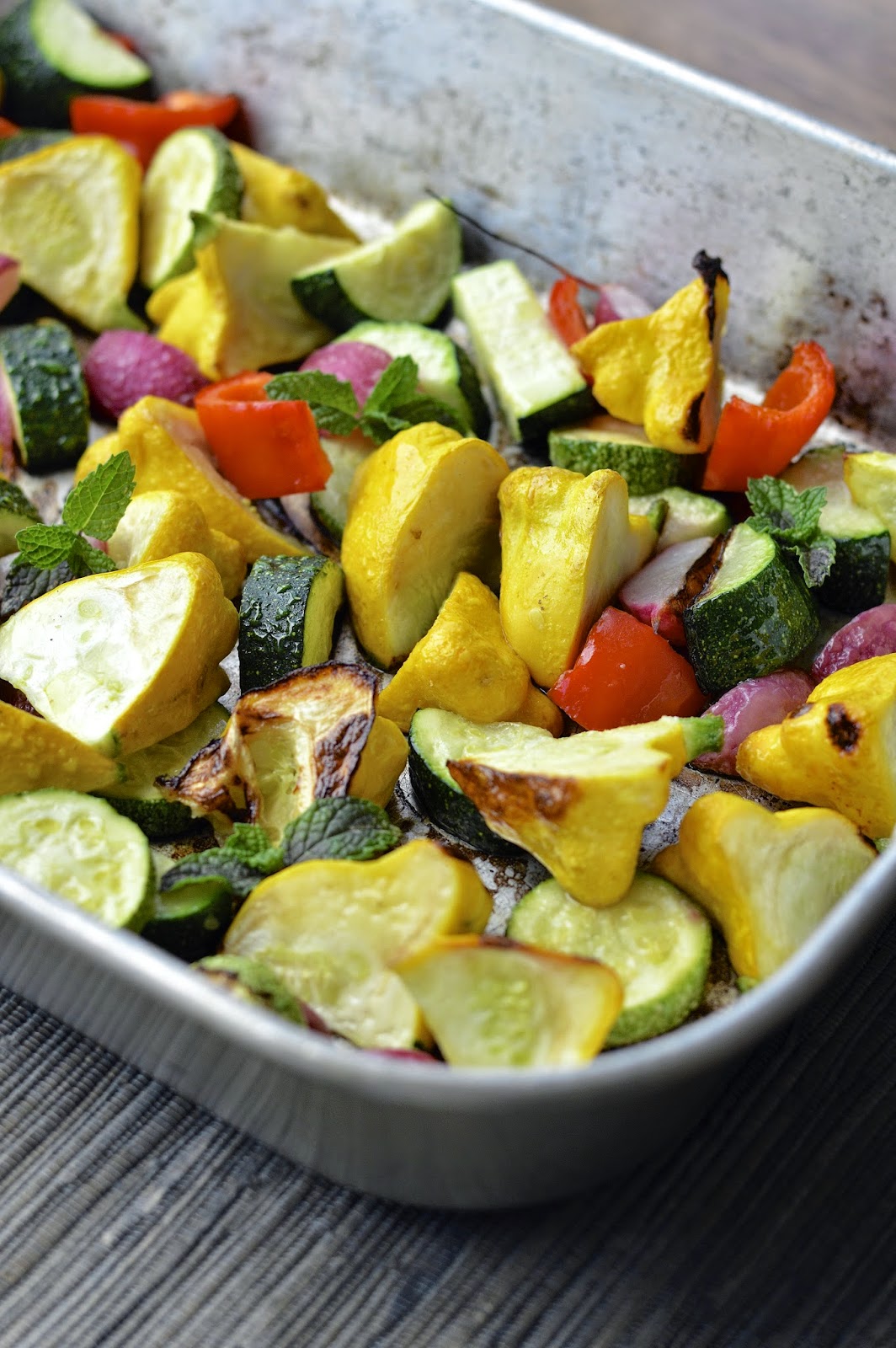 Summer veggies roasted on the grill and drizzled with a smokey lemon tahini dressing
