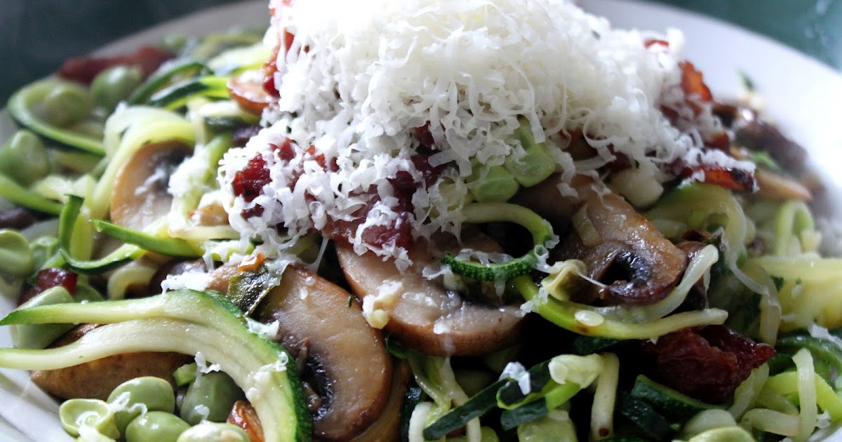 Being Bethany Jane Zucchini Pasta with Mushrooms, Bacon, Fresh Peas