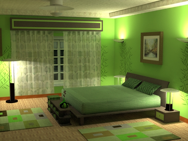 Bedroom With Warm Colored Table Floor And Wall Lights
