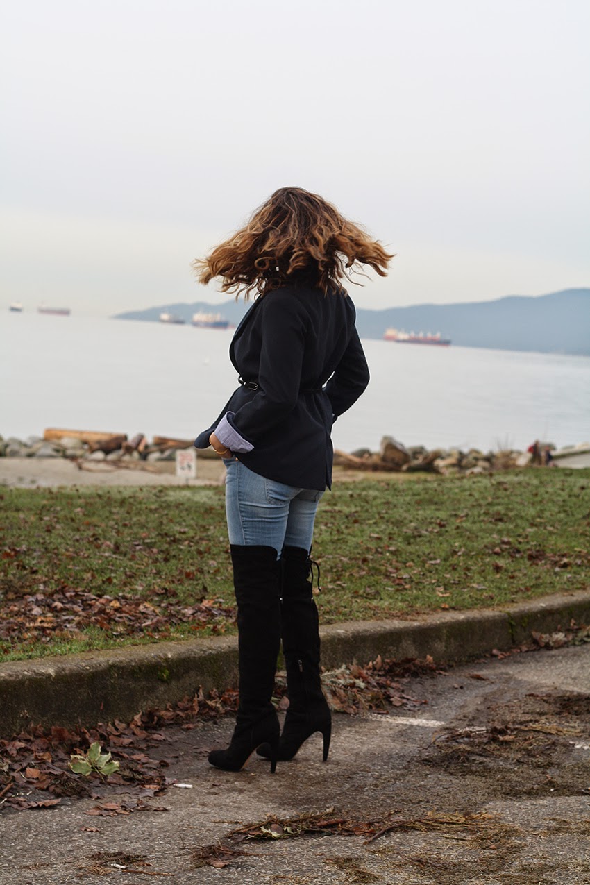 blazer and over the knee boots