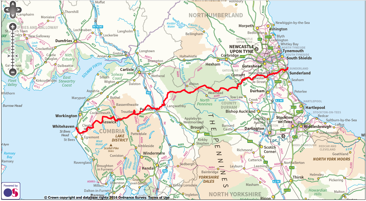 Coast to Coast cycle route map - Whitehaven to Sunderland