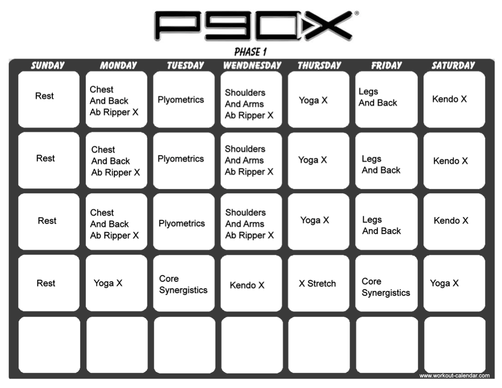 6 Day P90x plus workout calendar pdf for Gym