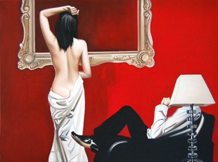 Drew Darcy 1976 | Moda pintor figurativo británico | Lady in Red