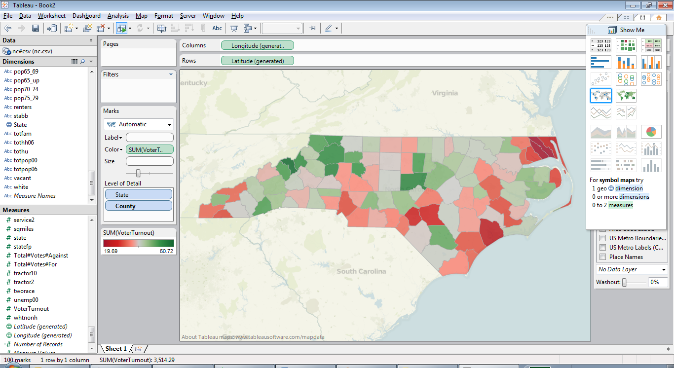 here you see the map colored by the percentage of registered voter turnout metric that we created in the previous exercise here you see the map colored by the percentage of registered voter turnout metric that we created in the previous exercise