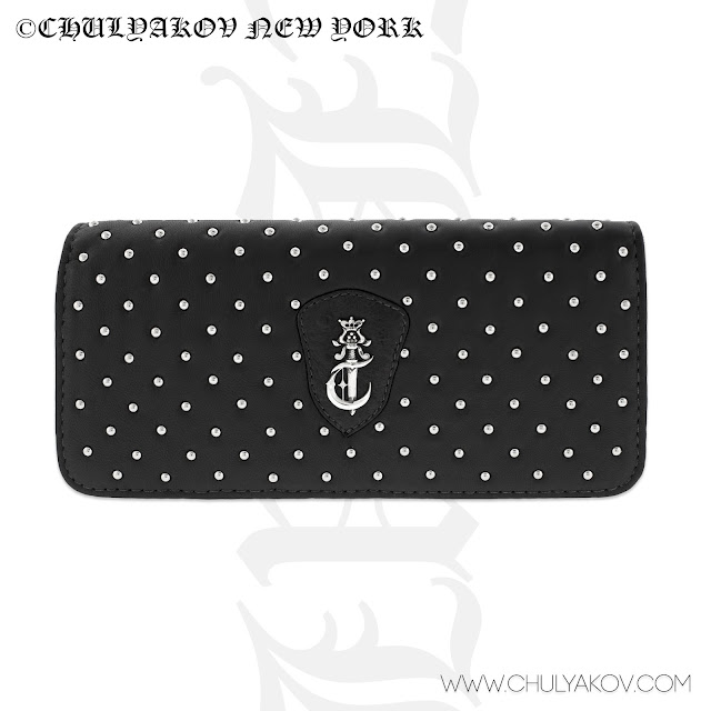 Designer Studded Leather Clutch with Sterling Silver Logo