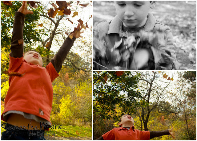 little boy throwing leaves up
