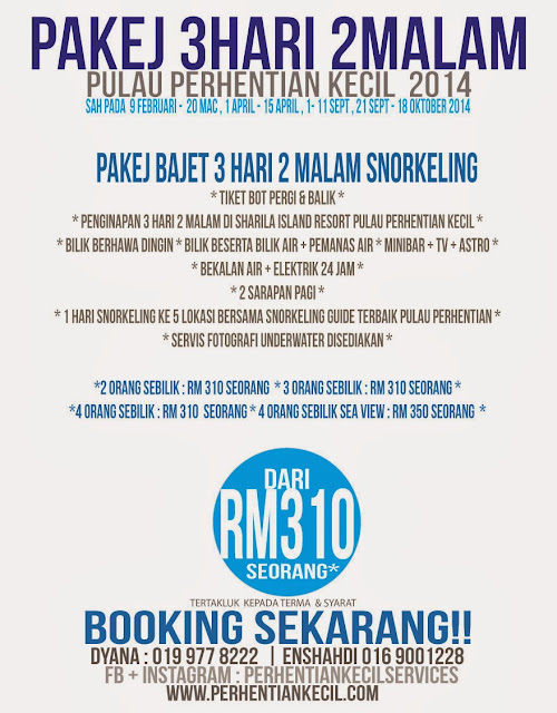 PAKEJ BAJET PULAU PERHENTIAN KECIL 2014 Mencari pakej bajet dan murah untuk ke pulau perhentian? Ingin pergi bersama keluarga,kawan,berkumpulan atau berpasangan? Apa kata anda dapatkan pakej bajet dan termurah untuk snorkerling di pulau perhentian 2014. Pakej murah serendah rm310 ini adalah kepada yang ingin bercuti di pulau perhentian kecil tapi bajet. Jom ke Pulau Perhentian Kecil!