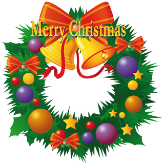 Merry Christmas lettering on decorated Christmas wreath clip art image with baubles and bells free download wallpaper