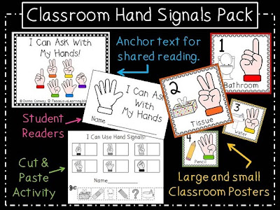 Classroom Hand Signals Pack with poster, shared reader, emergent readers and cut & paste activity