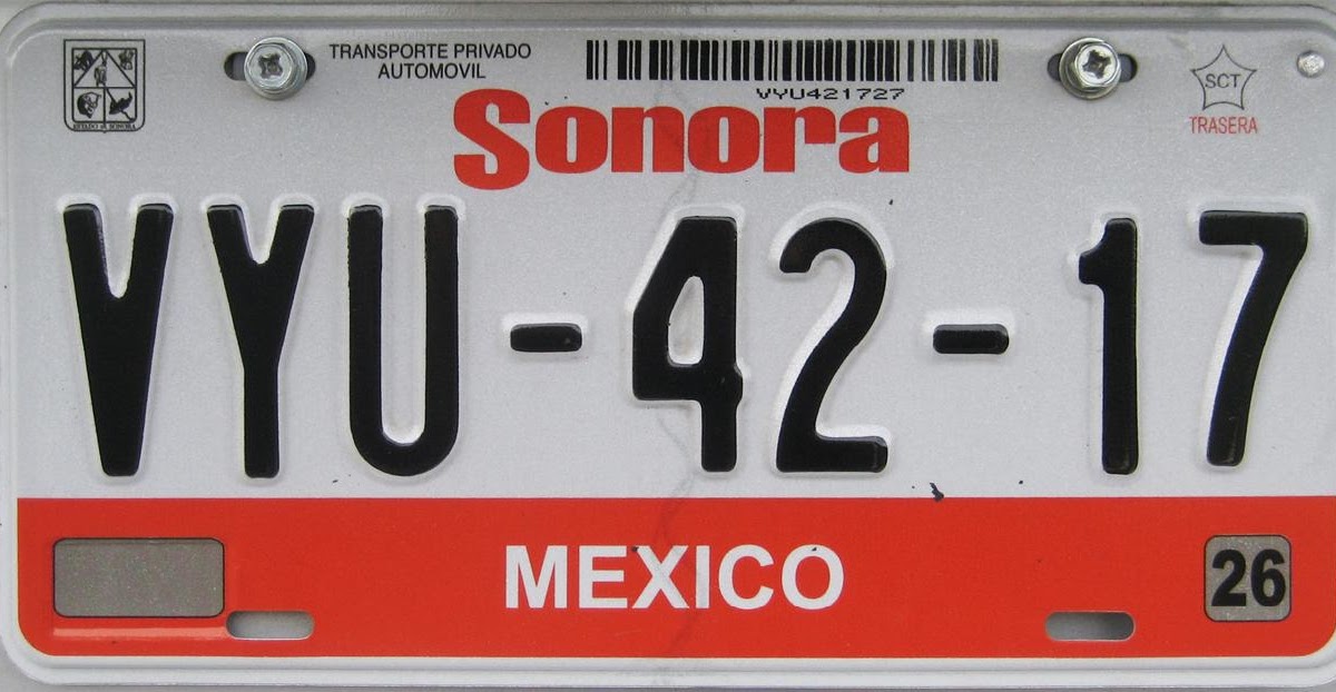 Placas de México Diseño / Mexico License Plates Coche Sonora VYA1111