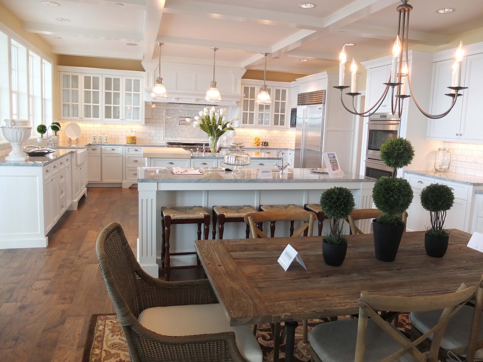 White kitchen cabinets with butcher block countertops Kitchen Islands with Two