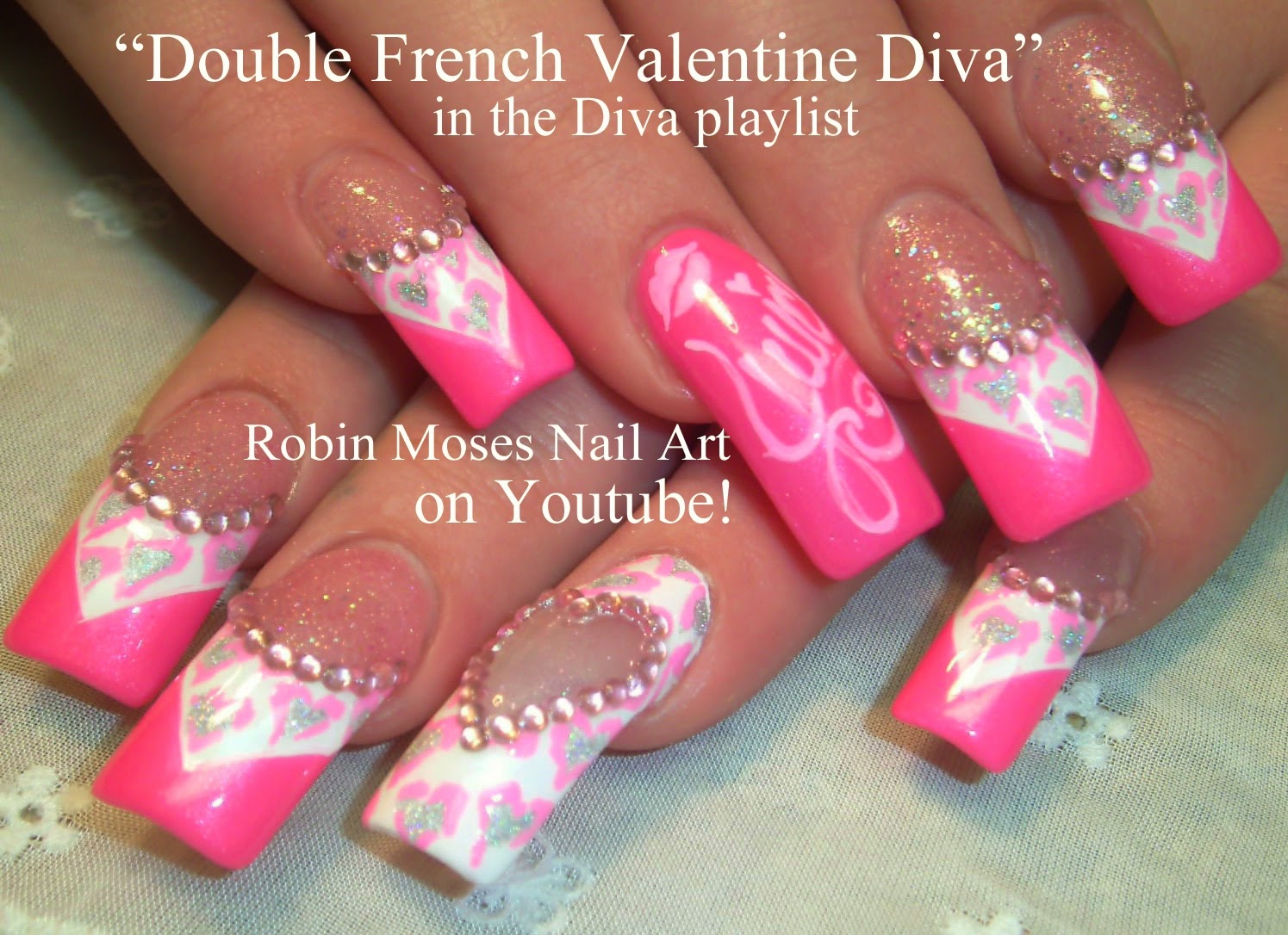 Robin Moses Nail Art - French Pink and White Nails with Rhinestones - wide 9