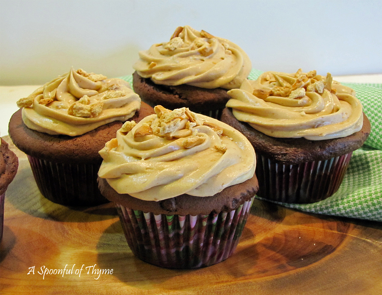 A Spoonful of Thyme Chocolate Fudge Cupcakes with Salted Caramel Frosting