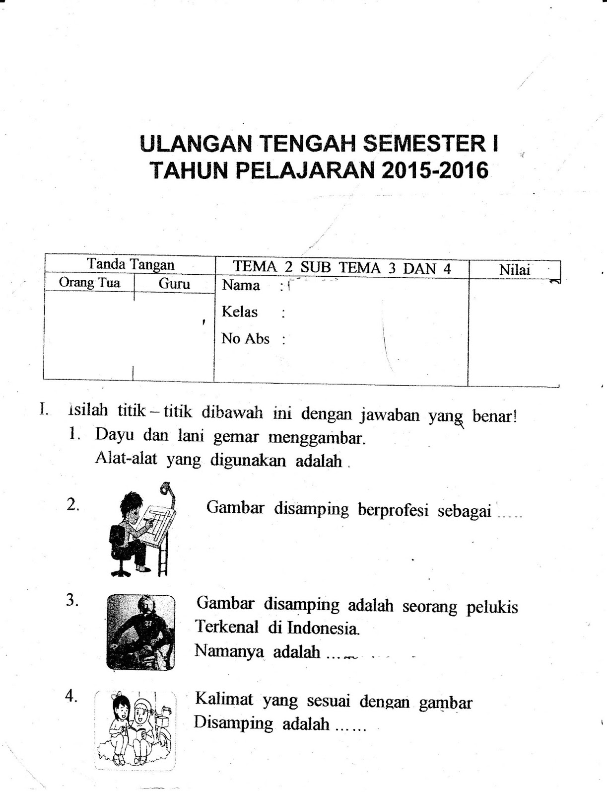 Soal Uts Tema 1 Kelas 1 Sd Semester Ganjil