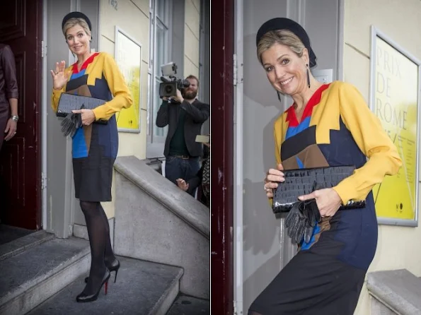 Queen Maxima attends the Prix de Rome award ceremony in the Appel Arts Centre. Queen Maxima wore Spijkers en Spijkers Grasshopper Multi Colour Dress