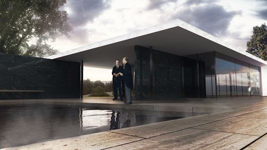 Postproducción y "digital matte painting" con Photoshop en el Pabellón Mies van der Rohe, 1929