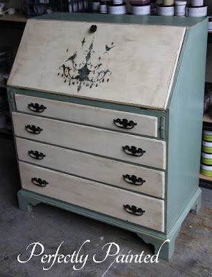 Secretary Desk Makeover By Perfectly Painted Using Old Town Paints In French Blue and Old Town Cream - Featured On Furniture Flippin'