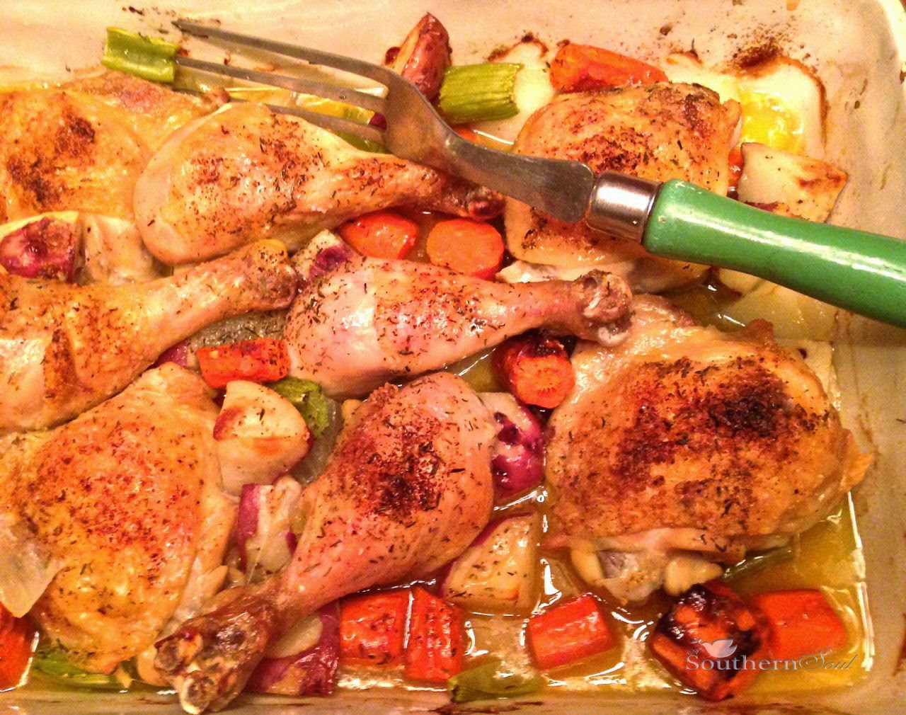 A Southern Soul Oven Roasted Chicken with Vegetables
