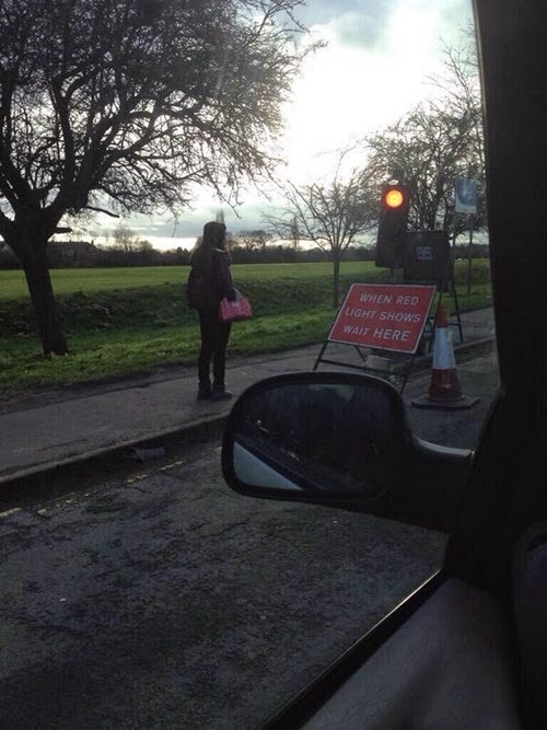 when red light shows wait here temporary traffic lights at roadworks not for pedestrians funny fail temporary traffic control woman standing waiting on pavement sidewalk you wonder what's going through her mind