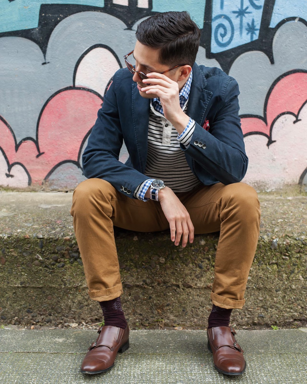 Stripes and Straps Herringbone Sydney Blazer, Herringbone Sydney Shirt, American Eagle Henley, Gap Chinos, Herringbone Sydney belt, Regal Japan Monk Straps, Herringbone Sydney Pocket Square, Oscar Wylee Sunglasses, Seiko Watch