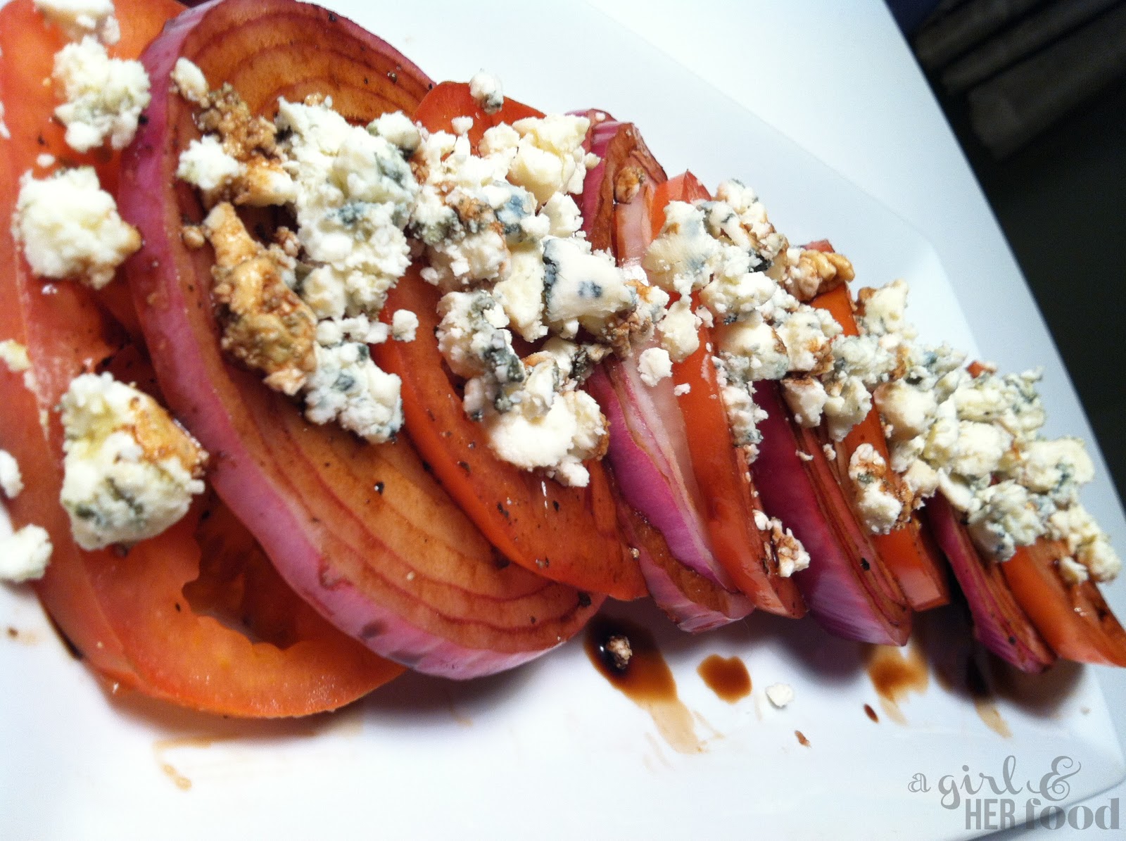 A Girl & Her Food Heirloom Tomato, Red Onion, & Maytag Blue Cheese Salad